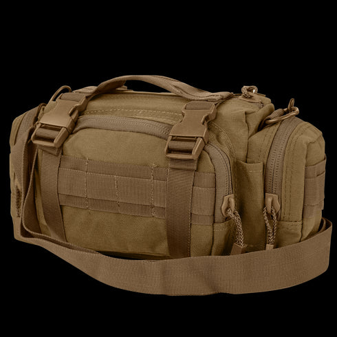 The Condor Deployment Bag 6.5L is a tan tactical shoulder bag with multiple zippered compartments, adjustable straps, and front MOLLE webbing—perfect for military or law enforcement needing organized, quick-access gear.