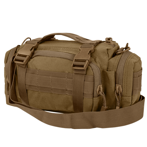 The Condor Deployment Bag 6.5L is a tan tactical shoulder bag with multiple zippered compartments, adjustable straps, and front MOLLE webbing—perfect for military or law enforcement needing organized, quick-access gear.