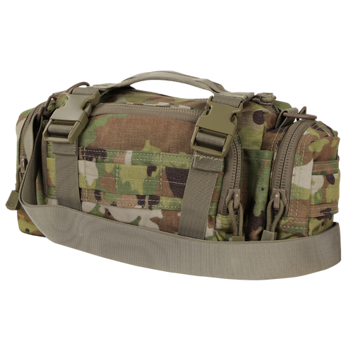 The Condor Deployment Bag 6.5L in Scorpion OCP features a camouflage pattern, multiple zippers, buckles, and an adjustable strap, shown against a white background.