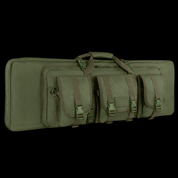 The Condor 42 Single Rifle Case in olive green features three exterior pouches and carrying handles, ideal for first responders or military personnel to transport and store firearms or gear.