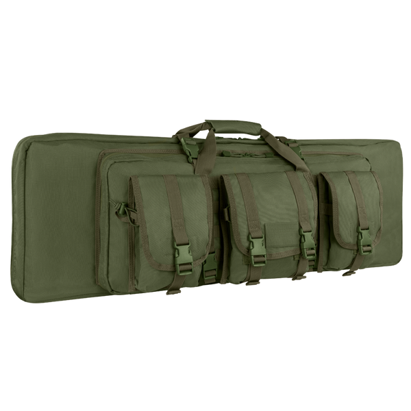 The Condor 42 Single Rifle Case in olive green features three exterior pouches and carrying handles, ideal for first responders or military personnel to transport and store firearms or gear.