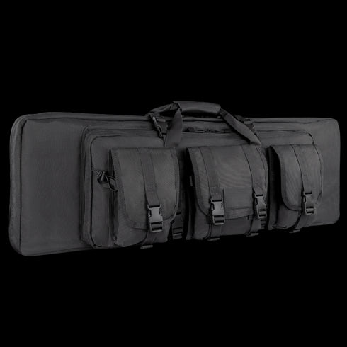 The Condor 42 Single Rifle Case is a black tactical bag with three front compartments and two carry handles, designed for military and law enforcement use, shown against a white background.