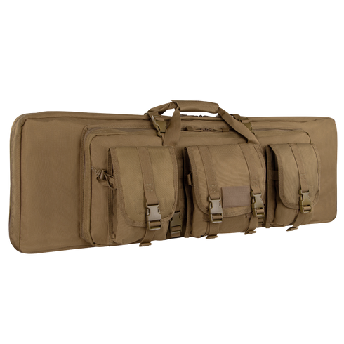 The Condor 42 Single Rifle Case is a tan, rectangular tactical bag with three front pouches, two carrying handles, and buckle closures, designed for secure transport of gear or equipment for military or first responder use.