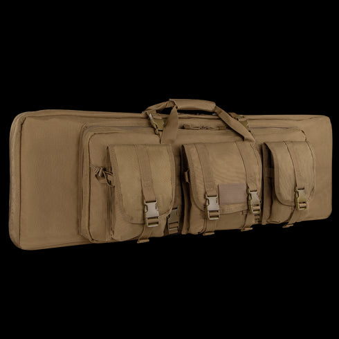 The Condor 42 Single Rifle Case is a tan, rectangular tactical bag with three front pouches, two carrying handles, and buckle closures, designed for secure transport of gear or equipment for military or first responder use.