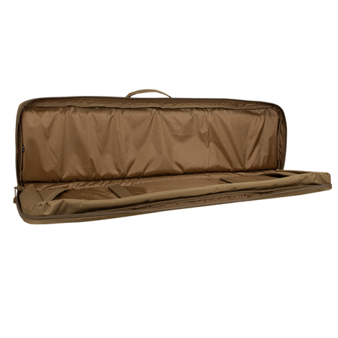The Condor 42" Single Rifle Case is a brown, soft-sided rectangular case with a handle, shown unzipped and open to reveal its empty interior.