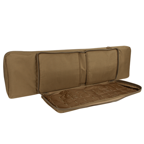 The Condor 42" Single Rifle Case is a tan, rectangular soft case with a zipper, shown open to display padded interior compartments and storage sections.
