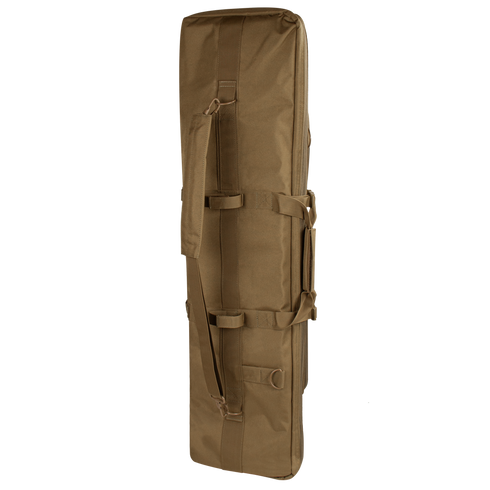 The Condor 42 Single Rifle Case is a brown, rectangular, soft tactical case with handles and straps, shown standing upright on its side against a white background.
