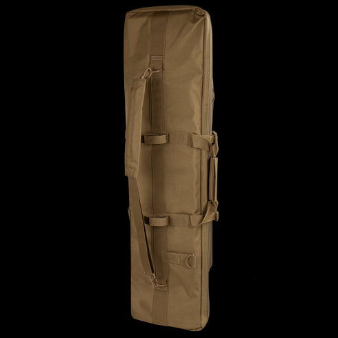 The Condor 36 Single Rifle Case, a brown rectangular padded carrying case with multiple handles and straps, stands upright against a plain background—ideal for EDC gear or shooting range essentials.