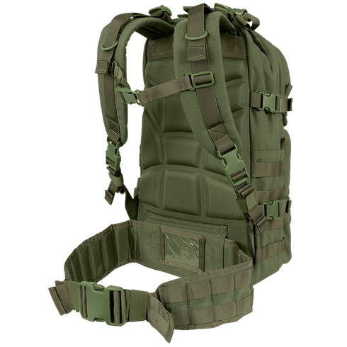 The Condor Medium Assault Backpack 30L, shown from the back at an angle, features padded straps, adjustable buckles, and a waist belt.