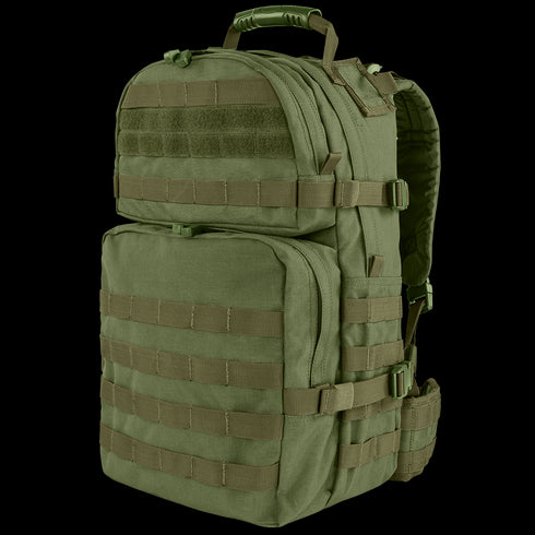 Condor Medium Assault Backpack 30L in Olive Drab features multiple zippered compartments, MOLLE webbing, padded straps, and a sturdy top handle—ideal for outdoor or military use.