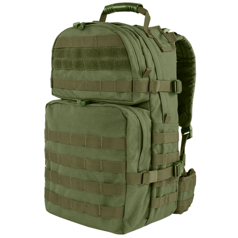 Condor Medium Assault Backpack 30L in Olive Drab features multiple zippered compartments, MOLLE webbing, padded straps, and a sturdy top handle—ideal for outdoor or military use.