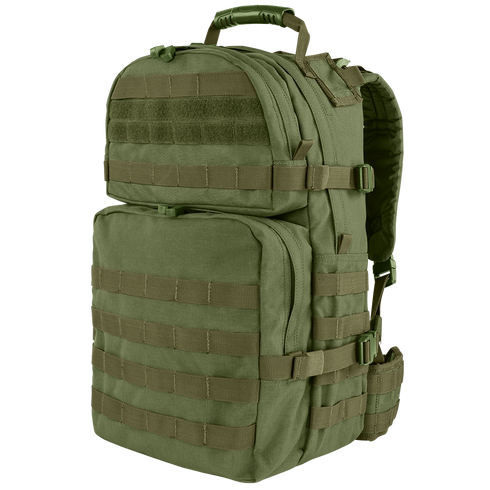 Condor Medium Assault Backpack 30L in Olive Drab features multiple zippered compartments, MOLLE webbing, padded straps, and a sturdy top handle—ideal for outdoor or military use.
