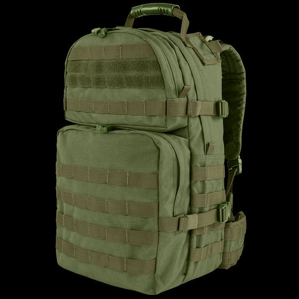 Condor Medium Assault Backpack 30L in Olive Drab features multiple zippered compartments, MOLLE webbing, padded straps, and a sturdy top handle—ideal for outdoor or military use.