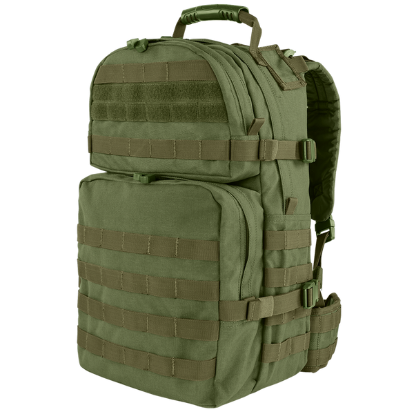 Condor Medium Assault Backpack 30L in Olive Drab features multiple zippered compartments, MOLLE webbing, padded straps, and a sturdy top handle—ideal for outdoor or military use.