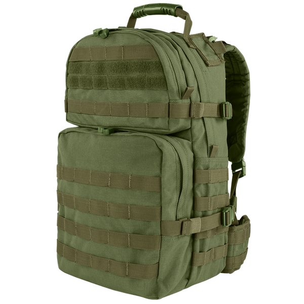 Condor Medium Assault Backpack 30L in Olive Drab features multiple zippered compartments, MOLLE webbing, padded straps, and a sturdy top handle—ideal for outdoor or military use.