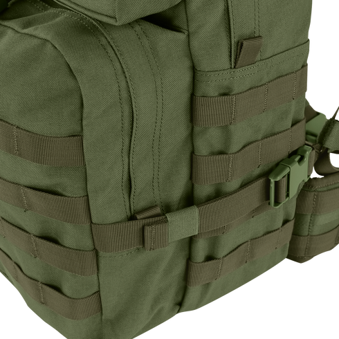 Close-up of the Condor Medium Assault Backpack 30L in green, featuring multiple webbing straps, zippers, and a plastic buckle—ideal for outdoor or military use.