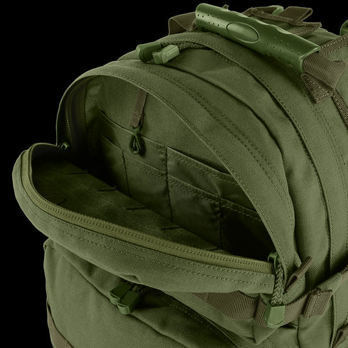 Condor Medium Assault Backpack 30L in olive green features a main compartment with multiple inner pockets and organized storage sections.