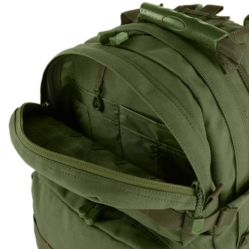 Condor Medium Assault Backpack 30L in olive green features a main compartment with multiple inner pockets and organized storage sections.