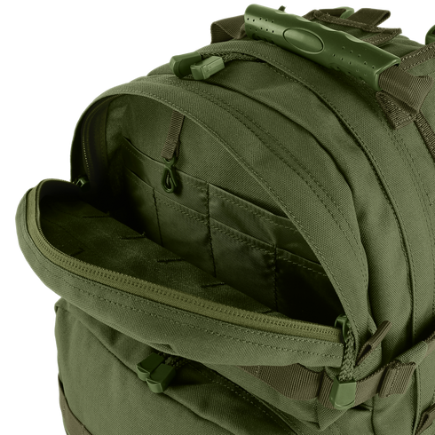 Condor Medium Assault Backpack 30L in olive green features a main compartment with multiple inner pockets and organized storage sections.