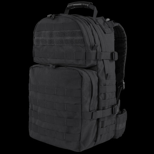 The Condor Medium Assault Backpack 30L is a black tactical pack with multiple compartments, MOLLE webbing, adjustable straps, and a top handle—perfect for first responders or law enforcement at the range.