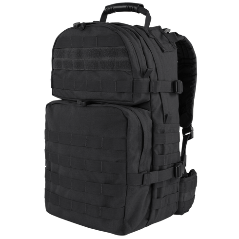 The Condor Medium Assault Backpack 30L is a black tactical pack with multiple compartments, MOLLE webbing, adjustable straps, and a top handle—perfect for first responders or law enforcement at the range.