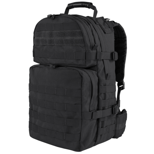The Condor Medium Assault Backpack 30L is a black tactical pack with multiple compartments, MOLLE webbing, adjustable straps, and a top handle—perfect for first responders or law enforcement at the range.