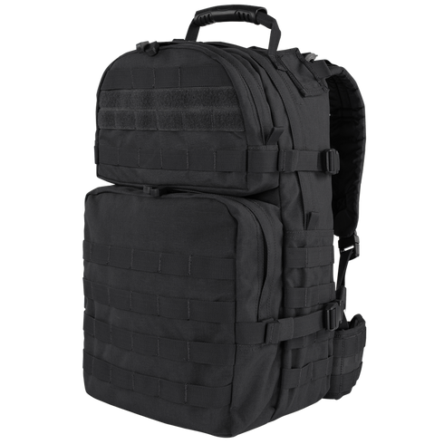 The Condor Medium Assault Backpack 30L is a black tactical pack with multiple compartments, MOLLE webbing, adjustable straps, and a top handle—perfect for first responders or law enforcement at the range.