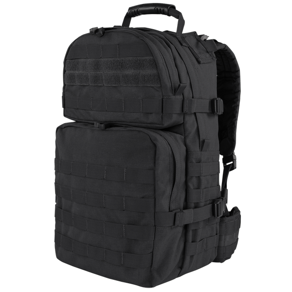 The Condor Medium Assault Backpack 30L is a black tactical pack with multiple compartments, MOLLE webbing, adjustable straps, and a top handle—perfect for first responders or law enforcement at the range.