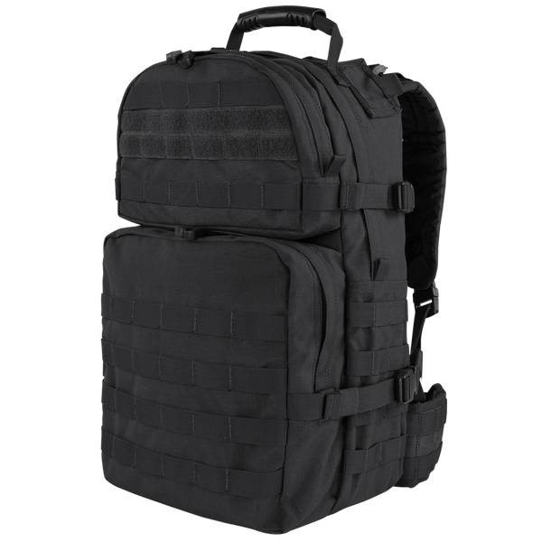 The Condor Medium Assault Backpack 30L is a black tactical pack with multiple compartments, MOLLE webbing, adjustable straps, and a top handle—perfect for first responders or law enforcement at the range.