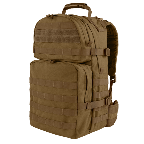 The Condor Medium Assault Backpack 30L is a tan tactical pack with multiple compartments, MOLLE webbing, adjustable straps, and a padded handle—ideal for military or bushcraft use in tough outdoor conditions.