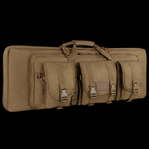 The Condor 36 Single Rifle Case is a tan tactical bag featuring three front pouches, buckled straps, a carrying handle, and multiple compartments—perfect for military or everyday carry (EDC) use.