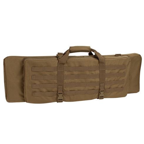 The Condor 36 Single Rifle Case in tan features webbing, handles, buckles, and an exterior zippered pocket—perfect for military or first responders—shown on a plain background.