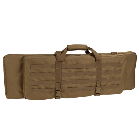 The Condor 36 Single Rifle Case in tan features webbing, handles, buckles, and an exterior zippered pocket—perfect for military or first responders—shown on a plain background.