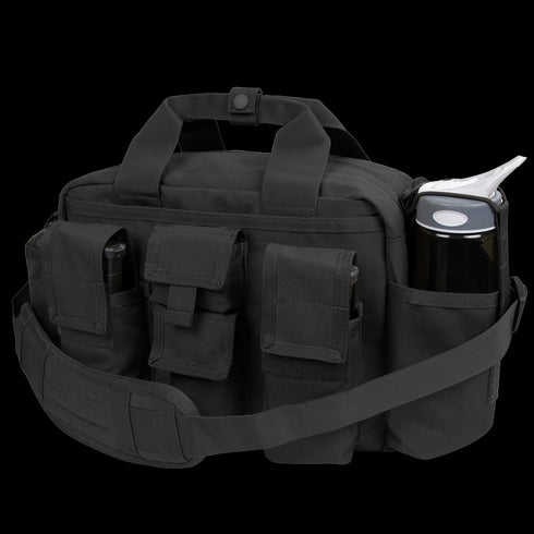 The Condor Tactical Response Bag 8L is a black shoulder bag with multiple pockets, a padded strap, and a water bottle side holder—ideal for military or law enforcement use.