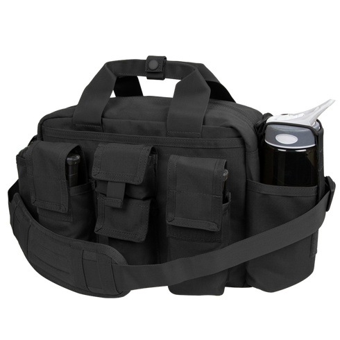 The Condor Tactical Response Bag 8L is a black shoulder bag with multiple pockets, a padded strap, and a water bottle side holder—ideal for military or law enforcement use.