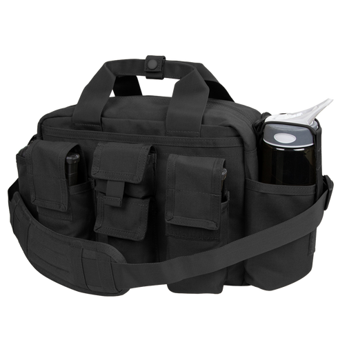 The Condor Tactical Response Bag 8L is a black shoulder bag with multiple pockets, a padded strap, and a water bottle side holder—ideal for military or law enforcement use.