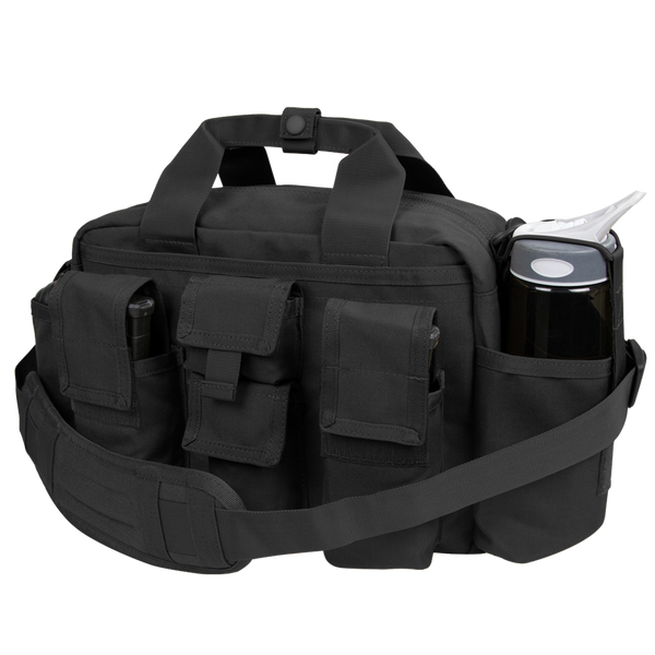 The Condor Tactical Response Bag 8L is a black shoulder bag with multiple pockets, a padded strap, and a water bottle side holder—ideal for military or law enforcement use.