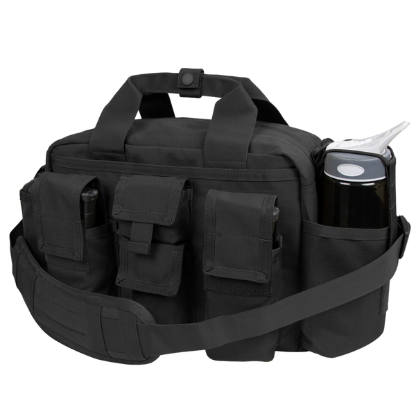 The Condor Tactical Response Bag 8L is a black shoulder bag with multiple pockets, a padded strap, and a water bottle side holder—ideal for military or law enforcement use.