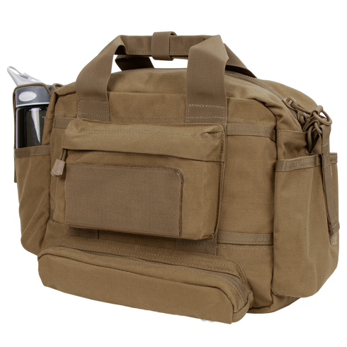 The Condor Tactical Response Bag 8L, shown in tan canvas with sturdy handles and multiple compartments, features a side pocket holding a water bottle and is ideal for military or first responders, displayed on a white background.