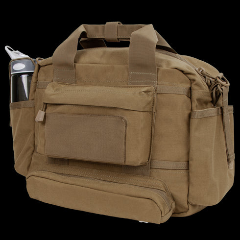 The Condor Tactical Response Bag 8L, shown in tan canvas with sturdy handles and multiple compartments, features a side pocket holding a water bottle and is ideal for military or first responders, displayed on a white background.