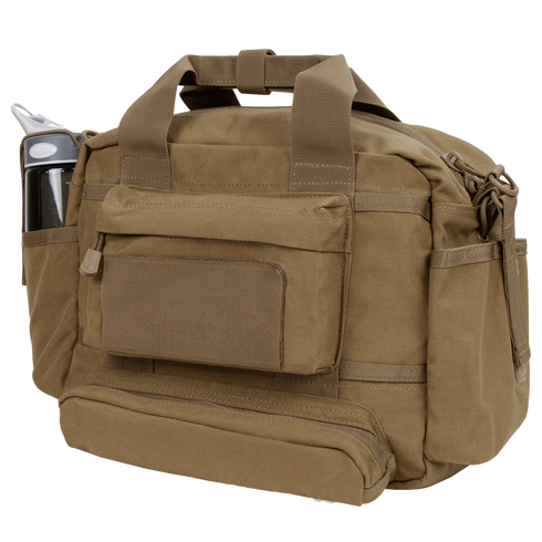 The Condor Tactical Response Bag 8L, shown in tan canvas with sturdy handles and multiple compartments, features a side pocket holding a water bottle and is ideal for military or first responders, displayed on a white background.