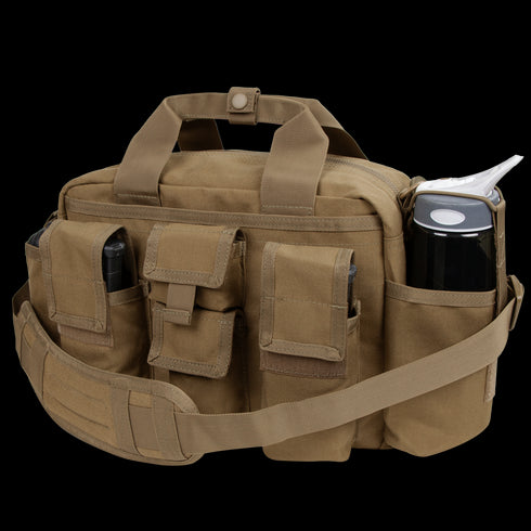 The Condor Tactical Response Bag 8L is a tan canvas bag with a shoulder strap, multiple exterior pockets, and a side pouch for a water bottle—ideal for military or first responder use.