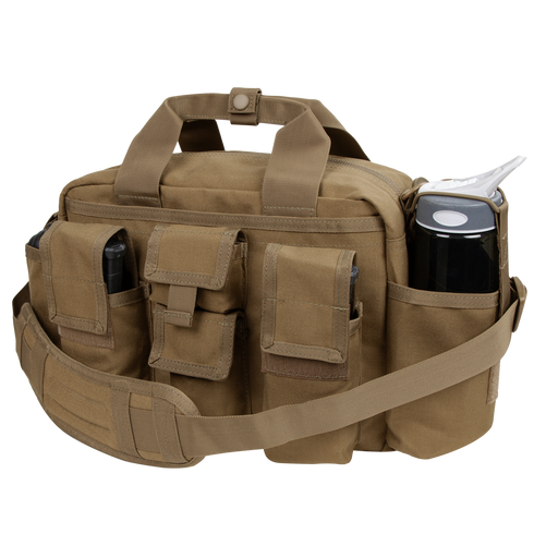The Condor Tactical Response Bag 8L is a tan canvas bag with a shoulder strap, multiple exterior pockets, and a side pouch for a water bottle—ideal for military or first responder use.