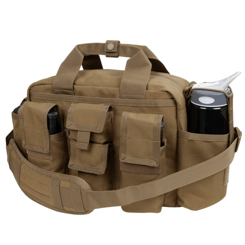 The Condor Tactical Response Bag 8L is a tan canvas bag with a shoulder strap, multiple exterior pockets, and a side pouch for a water bottle—ideal for military or first responder use.