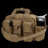 The Condor Tactical Response Bag 8L is a tan canvas bag with a shoulder strap, multiple exterior pockets, and a side pouch for a water bottle—ideal for military or first responder use.