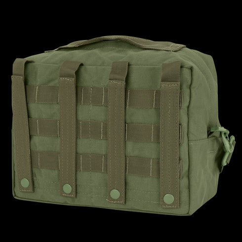 The Condor Utility Shoulder Bag 7L in olive green features front MOLLE webbing, a top handle, and a side zipper pull.