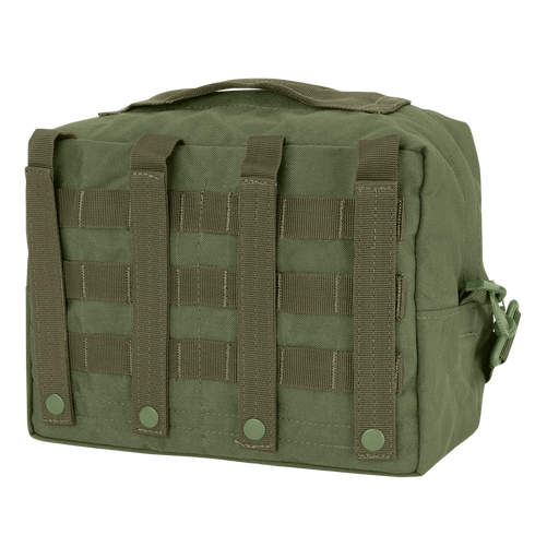 The Condor Utility Shoulder Bag 7L in olive green features front MOLLE webbing, a top handle, and a side zipper pull.