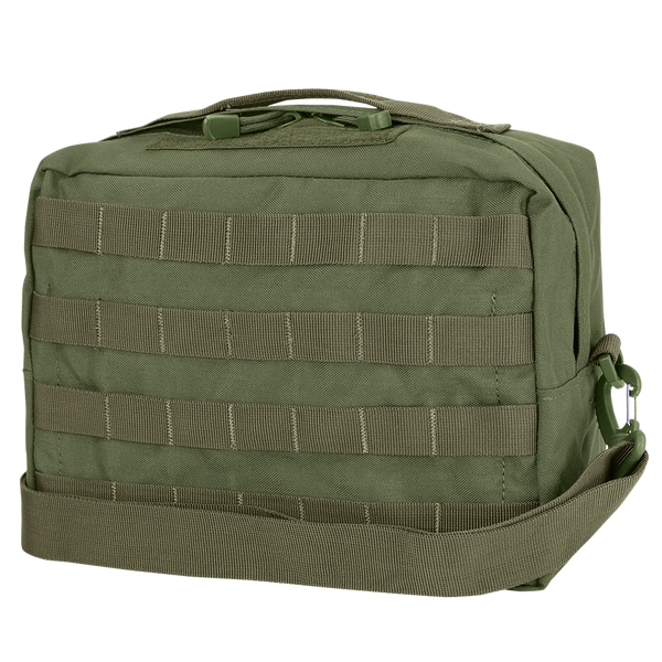Condor Utility Shoulder Bag 7L in Olive Drab features MOLLE webbing, zipper closure, and a top carrying handle.