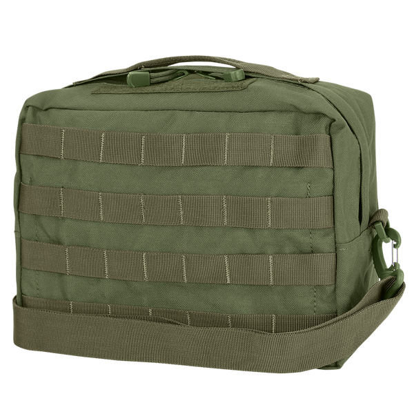 Condor Utility Shoulder Bag 7L in Olive Drab features MOLLE webbing, zipper closure, and a top carrying handle.