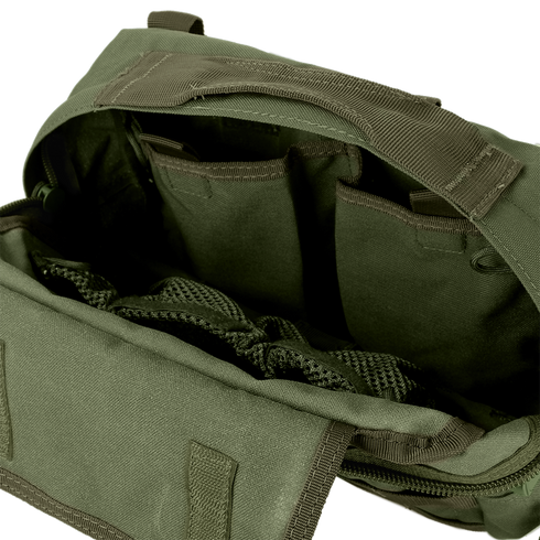 The Condor Utility Shoulder Bag 7L is a green fabric bag with an open zipper, revealing several internal compartments and mesh pockets.